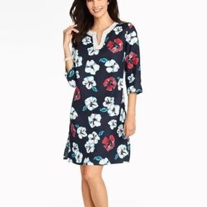 Talbots 100% Linen Blue Hibiscus Tropical 3/4 Sleeve Tunic Dress Medium